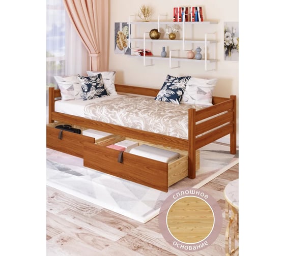 Односпальная тахта Solarius из массива сосны, со сплошным основанием, 180x90 см, габариты 190x100 см, с двумя выкатными ящиками, лакированная tahta90-180lak-full-2yash 1
