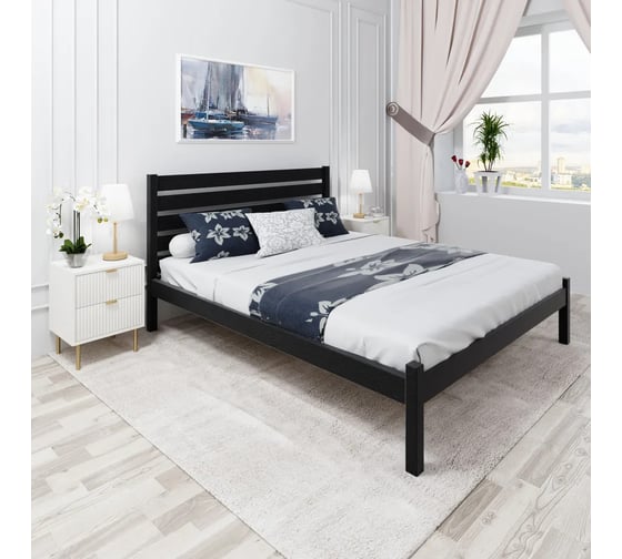 Двуспальная кровать Solarius Классика из массива сосны, с высокой спинкой и сплошным основанием, 190x150 см, габариты 200x160 см, черный оникс klas-spin150onix-190-full 1