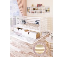 Односпальная тахта Solarius из массива сосны, с реечным основанием и высокими бортиками, 90x160 см, габариты 100x170 см, с двумя выкатными ящиками, белый tahta-spin90-160bel-2yash