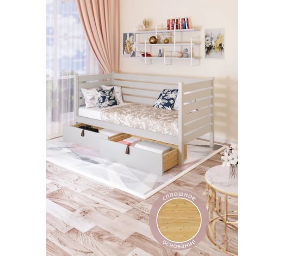 Односпальная тахта Solarius из массива сосны, со сплошным основанием и высокими бортиками, 100x160 см, габариты 110x170 см, с двумя выкатными ящиками, без шлифовки и покраски tahta-spin100-160net-full-2yash 1