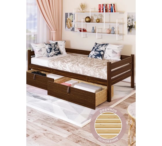 Односпальная тахта Solarius из массива сосны, с реечным основанием, 160x100 см, габариты 170x110 см, с двумя выкатными ящиками, темный дуб tahta100-160temd-2yash 1