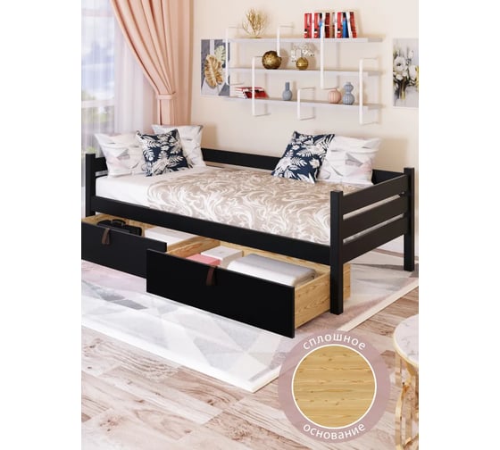 Односпальная тахта Solarius из массива сосны, с реечным основанием, 180x100 см, габариты 190x110 см, с двумя выкатными ящиками, без покраски tahta100-180-2yash 1