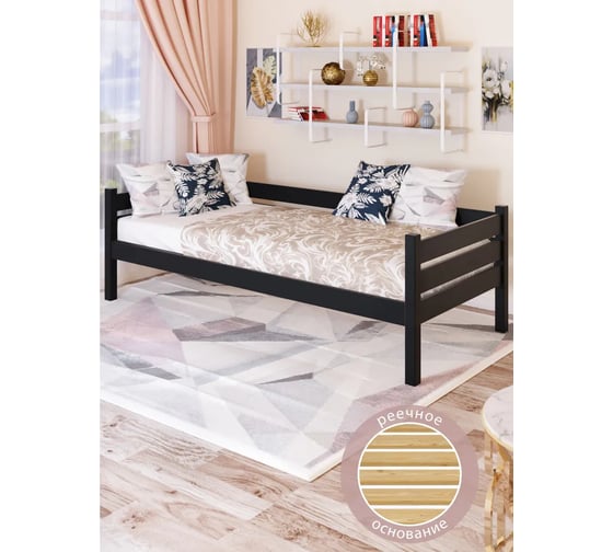 Односпальная тахта Solarius из массива сосны, с реечным основанием, 190x100 см, габариты 200x110 см, антрацит tahta100-190ser