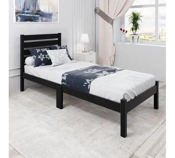 Односпальная кровать Solarius Классика Компакт с высокой спинкой, из массива сосны, с реечным основанием, черный оникс, 70x190 см kompakt-spin70onix-190 1