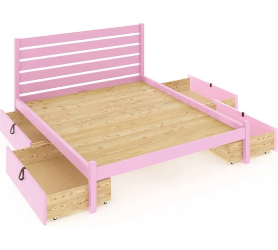 Двуспальная кровать Solarius Классика из массива сосны, с реечным основанием и высокой спинкой, 150x190 см, с четырьмя выкатными ящиками, розовый klas-spin150roz-190-4yash 1