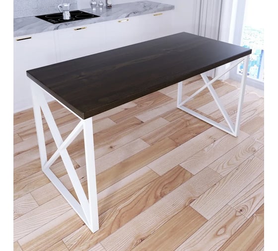 Стол кухонный Solarius Loft со столешницей цвета темного дуба из массива сосны 40 мм и белыми металлическими крестообразными ножками, 130x80x75 см 702-10099 1