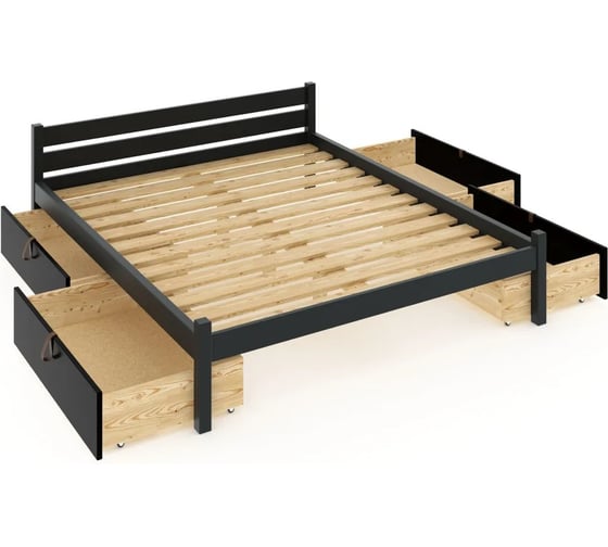 Кровать двуспальная Solarius Классика из массива сосны, с реечным основанием, 190x180 см, габариты 200x190, с четырьмя выкатными ящиками, цвет антрацит 180klser-190-4yash 1