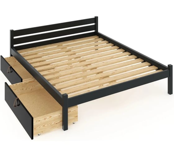 Кровать двуспальная Solarius Классика из массива сосны, с реечным основанием, 190x140 см, габариты 200x150, с двумя выкатными ящиками, цвет антрацит 140klser-190-2yash 1