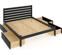 Кровать двуспальная Solarius Классика из массива сосны, с реечным основанием и высокой спинкой, 150x200 см, с четырьмя выкатными ящиками, цвет черного оникса klas-spin150onix-4yash