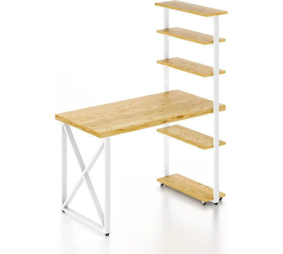 Стол компьютерный Solarius Loft с пятью полками, столешница без шлифовки и покрытия из массива сосны 40 мм и белые металлические крестообразные ножки, 110x80x145 см stol-comp11080net-krest-white 1