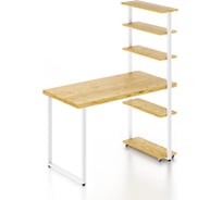 Стол компьютерный Solarius Loft с пятью полками, столешница без шлифовки и покрытия из массива сосны 40 мм и белые металлические ножки, 100x80x145 см stol-comp10080net-white