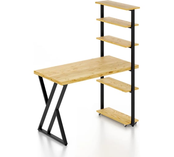 Стол компьютерный Solarius Loft с пятью полками, столешница без шлифовки и покрытия из массива сосны 40 мм и черные металлические Z-образные ножки, 120x80x145 см stol-comp12080net-Z-black 1