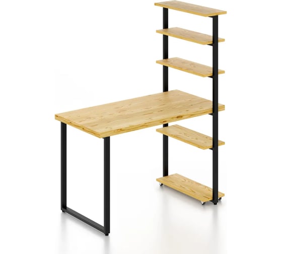 Стол компьютерный Solarius Loft с пятью полками, столешница без шлифовки и покрытия из массива сосны 40 мм и черные металлические ножки, 110x60x145 см stol-comp11060net-black 1