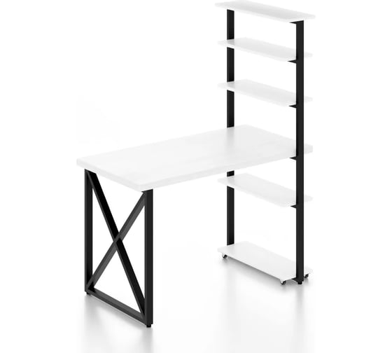 Стол компьютерный Solarius Loft с пятью полками, столешница белого цвета из массива сосны 40 мм и черные металлические крестообразные ножки, 90x60x145 см stol-comp9060bel-krest-black 1