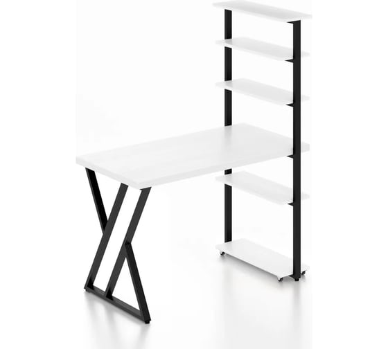Стол компьютерный Solarius Loft с пятью полками, столешница белого цвета из массива сосны 40 мм и черные металлические Z-образные ножки, 120x60x145 см stol-comp12060bel-Z-black