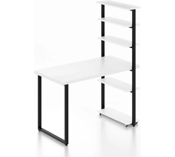 Стол компьютерный Solarius Loft с пятью полками, столешница белого цвета из массива сосны 40 мм и черные металлические ножки, 90x60x145 см stol-comp9060bel-black