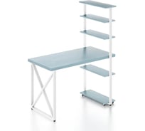 Стол компьютерный Solarius Loft с пятью полками, столешница голубого цвета из массива сосны 40 мм и белые металлические крестообразные ножки, 120x80x145 см stol-comp12080gol-krest-white