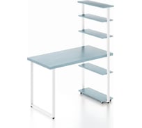 Стол компьютерный Solarius Loft с пятью полками, столешница голубого цвета из массива сосны 40 мм и белые металлические ножки, 140x80x145 см stol-comp14080gol-white