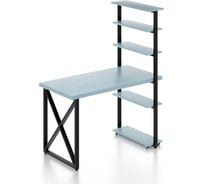 Стол компьютерный Solarius Loft с пятью полками, столешница голубого цвета из массива сосны 40 мм и черные металлические крестообразные ножки, 110x60x145 см stol-comp11060gol-krest-black