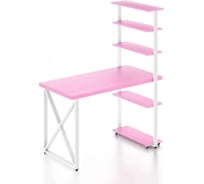Стол компьютерный Solarius Loft с пятью полками, столешница розового цвета из массива сосны 40 мм и белые металлические крестообразные ножки, 90x60x145 см stol-comp9060roz-krest-white