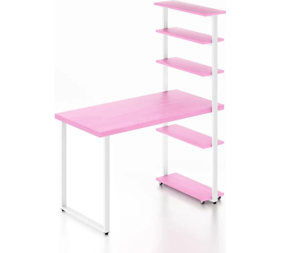 Стол компьютерный Solarius Loft с пятью полками, столешница розового цвета из массива сосны 40 мм и белые металлические ножки, 140x80x145 см stol-comp14080roz-white 1