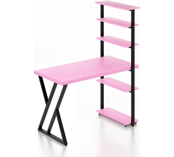 Стол компьютерный Solarius Loft с пятью полками, столешница розового цвета из массива сосны 40 мм и черные металлические Z-образные ножки, 100x60x145 см stol-comp10060roz-Z-black