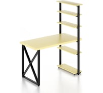 Стол компьютерный Solarius Loft с пятью полками, столешница цвета ванили из массива сосны 40 мм и черные металлические крестообразные ножки, 140x60x145 см stol-comp14060van-krest-black