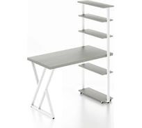 Стол компьютерный Solarius Loft с пятью полками, столешница цвета платины из массива сосны 40 мм и белые металлические Z-образные ножки, 130x80x145 см stol-comp13080plat-Z-white