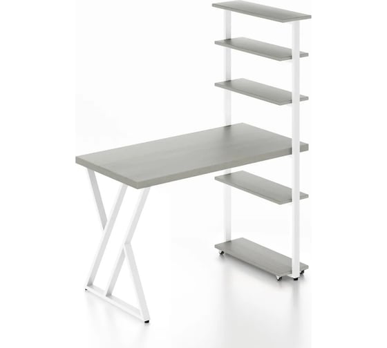 Стол компьютерный Solarius Loft с пятью полками, столешница цвета платины из массива сосны 40 мм и белые металлические Z-образные ножки, 90x60x145 см stol-comp9060plat-Z-white 1