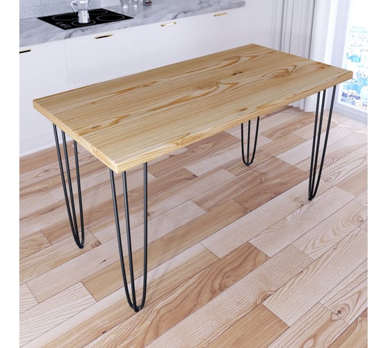 Стол кухонный Solarius Loft со столешницей без шлифовки и покрытия из массива сосны 40 мм на черных металлических ножках-шпильках, 130x75x75 см 710-10516