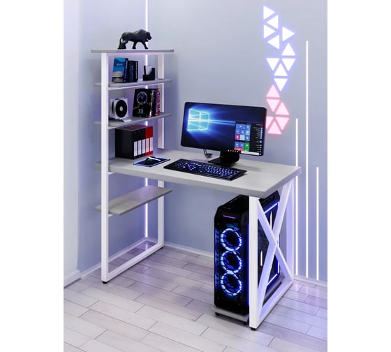 Стол компьютерный Solarius Loft с пятью полками, столешница цвета платины из массива сосны 40 мм и белые металлические крестообразные ножки, 130x80x145 см stol-comp13080plat-krest-white