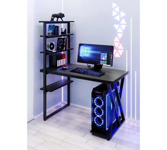Стол компьютерный Solarius Loft с пятью полками, столешница цвета черного оникса из массива сосны 40 мм и черные металлические Z-образные ножки, 120x80x145 см stol-comp12080onix-Z-black