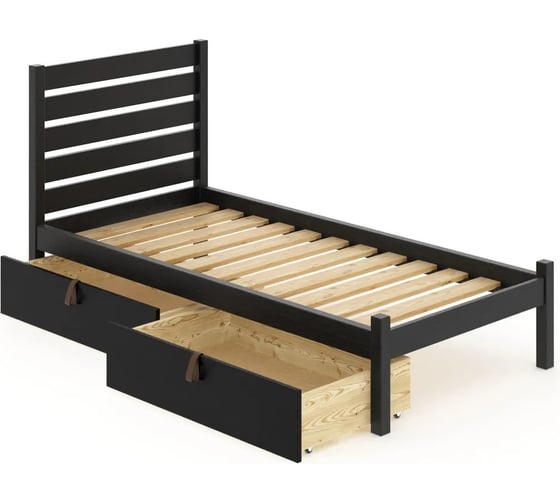 Кровать односпальная Solarius Классика из массива сосны, с реечным основанием и высокой спинкой, 100x190 см, с двумя выкатными ящиками, цвет черного оникса klas-spin100onix-190-2yash 1