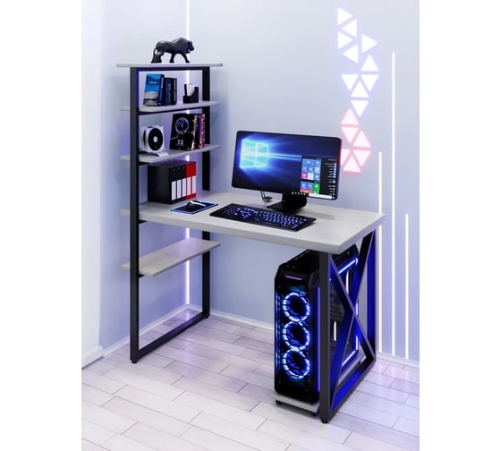 Стол компьютерный Solarius Loft с пятью полками, столешница цвета платины из массива сосны 40 мм и черные металлические крестообразные ножки, 100x80x145 см stol-comp10080plat-krest-black