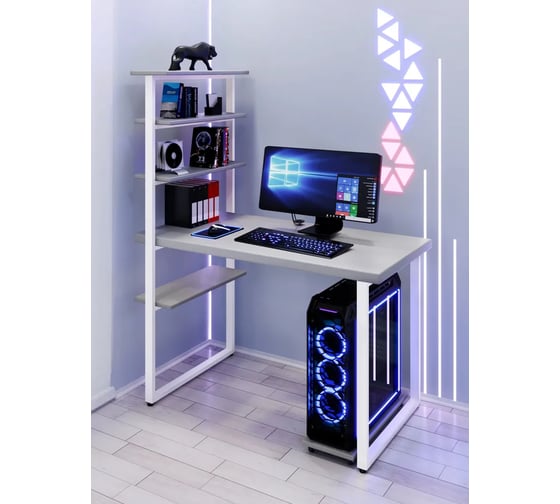 Стол компьютерный Solarius Loft с пятью полками, столешница цвета платины из массива сосны 40 мм и белые металлические ножки, 140x80x145 см stol-comp14080plat-white