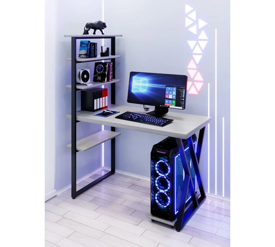 Стол компьютерный Solarius Loft с пятью полками, столешница цвета платины из массива сосны 40 мм и черные металлические Z-образные ножки, 140x80x145 см stol-comp14080plat-Z-black