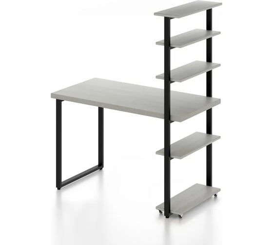 Стол компьютерный Solarius Loft с пятью полками, столешница цвета платины из массива сосны 40 мм и черные металлические ножки, 140x80x145 см stol-comp14080plat-black