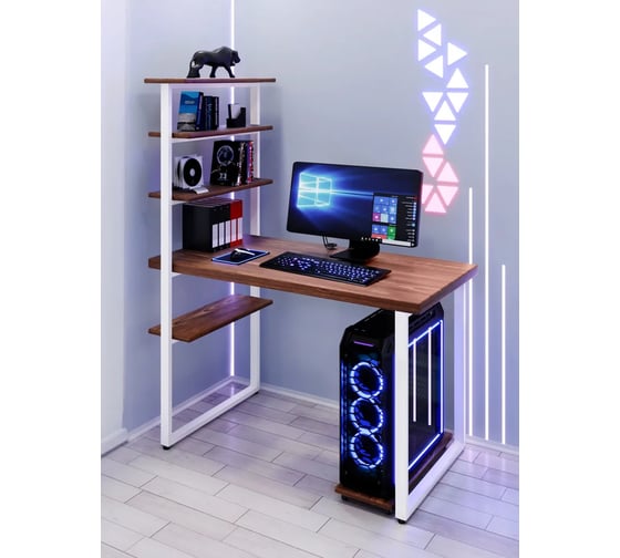 Стол компьютерный Solarius Loft с пятью полками, столешница цвета темного дуба из массива сосны 40 мм и белые металлические ножки, 130x60x145 см stol-comp13060temd-white