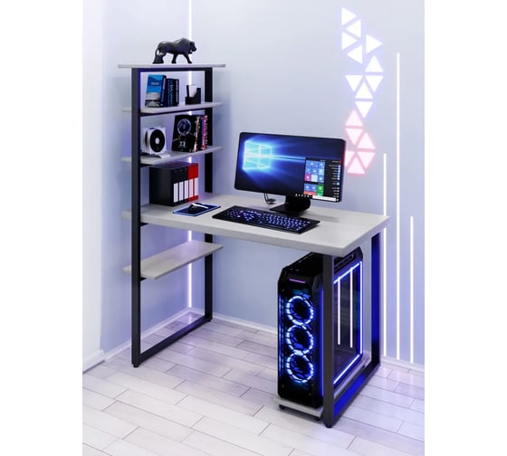 Стол компьютерный Solarius Loft с пятью полками, столешница цвета платины из массива сосны 40 мм и черные металлические ножки, 110x80x145 см stol-comp11080plat-black