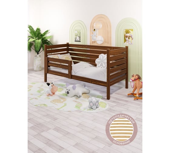 Кровать односпальная подростковая Solarius из массива сосны с ортопедическим основанием и высокими бортиками, 70x180 см (габариты 80x190), цвет темного дуба det-spin70-180temd-orto 1