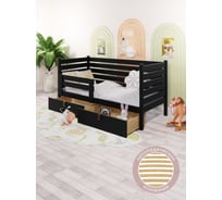 Кровать односпальная подростковая Solarius из массива сосны с ортопедическим основанием и высокими бортиками, 80x180 см (габариты 90x190), с двумя выкатными ящиками, цвет антрацит det-spin80-180ser-orto-2yash