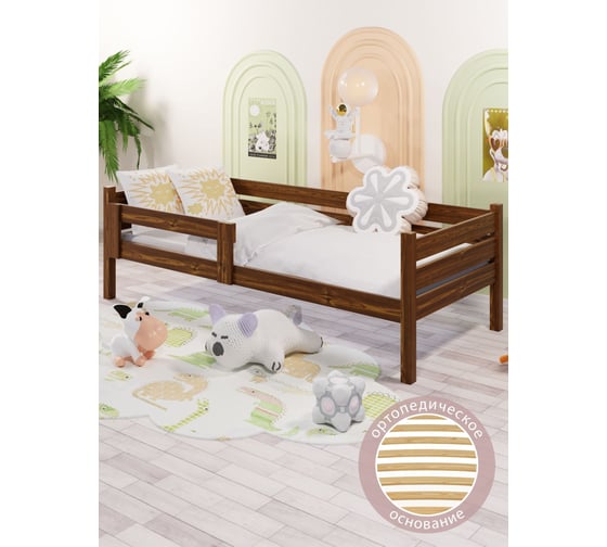 Кровать односпальная подростковая Solarius из массива сосны с ортопедическим основанием, 180x80 см (габариты 190x90), цвет темного дуба det80-180temd-orto 1