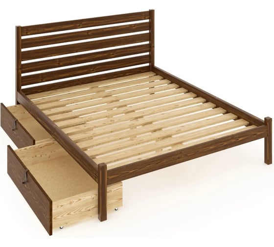 Двуспальная кровать Solarius Классика из массива сосны с реечным основанием и высокой спинкой, 140x190 см, с двумя выкатными ящиками, цвет темного дуба klas-spin140temd-190-2yash 1
