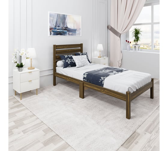 Кровать односпальная Solarius Классика Компакт с высокой спинкой, из массива сосны, с реечным основанием, цвет темного дуба, 100x190 см kompakt-spin100temdub-190 1