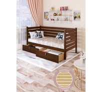 Тахта односпальная Solarius из массива сосны, с реечным основанием и высокими бортиками, 100x170 см, габариты 110x180, с двумя выкатными ящиками, цвет темного дуба tahta-spin100-170temd-2yash