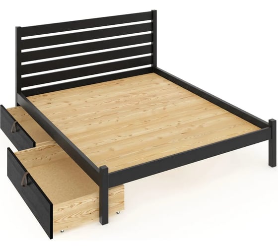 Двуспальная кровать Solarius Классика из массива сосны со сплошным основанием и высокой спинкой, 140x200 см, с четырьмя выкатными ящиками, цвет черного оникса klas-spin140onix-full-4yash 1