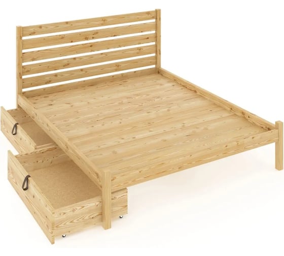 Двуспальная кровать Solarius Классика из массива сосны со сплошным основанием и высокой спинкой, 180x190 см, с двумя выкатными ящиками, без покрытия klas-spin180-190-full-2yash 1