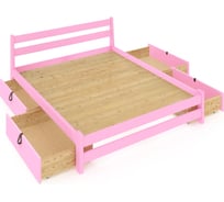 Кровать двуспальная Solarius Мишка усиленная, из массива сосны, со сплошным основанием, 200x150 см, габариты 210x160, с четырьмя выкатными ящиками, цвет розовый 150mroz-full-4yash