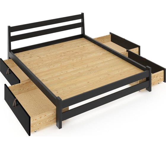 Кровать двуспальная Solarius Мишка усиленная, из массива сосны, со сплошным основанием, 190x140 см, габариты 200x150, с четырьмя выкатными ящиками, цвет черного оникса 140monix-190-full-4yash 1