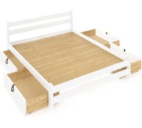 Кровать двуспальная Solarius Мишка усиленная, из массива сосны, со сплошным основанием, 200x120 см, габариты 210x130, с четырьмя выкатными ящиками, цвет белый 120mbel-full-4yash